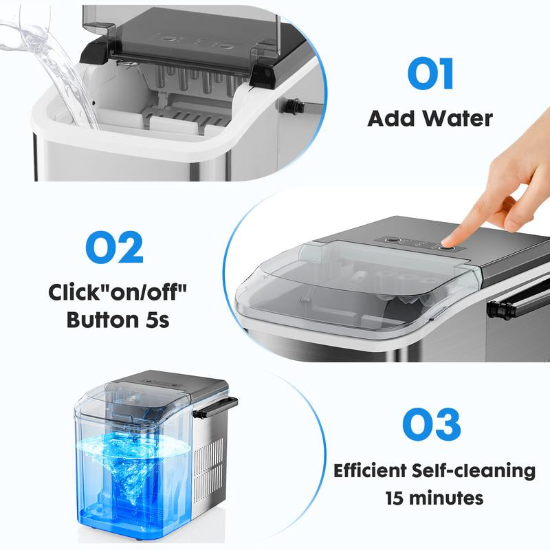 Countertop Ice Maker - 9 Cubes/6 Mins, 26.5Lbs/24Hrs, 2 Sizes, Basket & Handle